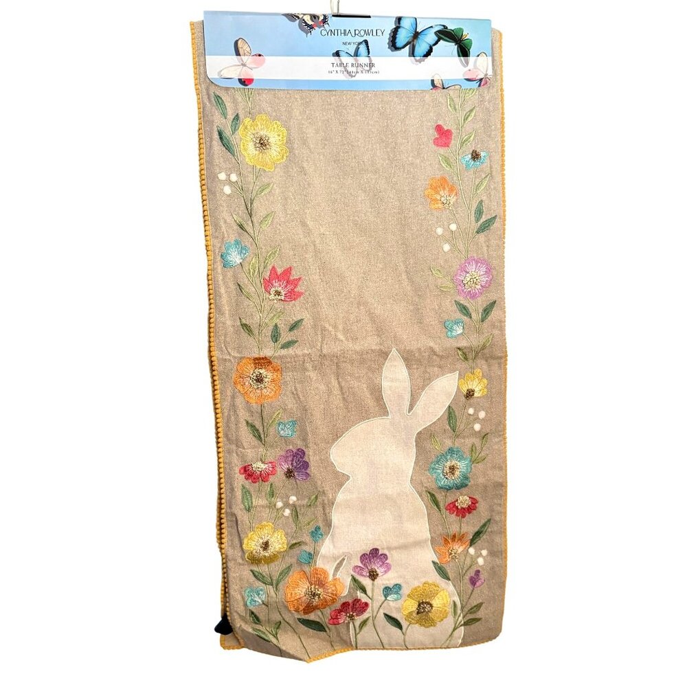 Cynthia Rowley Embroidered Bunny Floral Table Runner 16" X 72" Cotton Spring